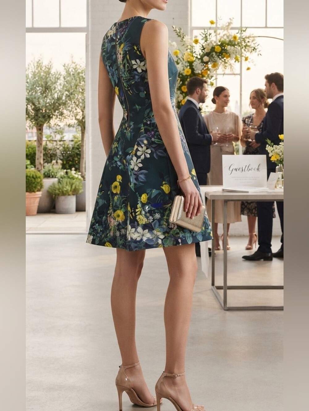 TED BAKER London Floral Bird Print Sleeveless Fit and Flare Scuba Dress XL